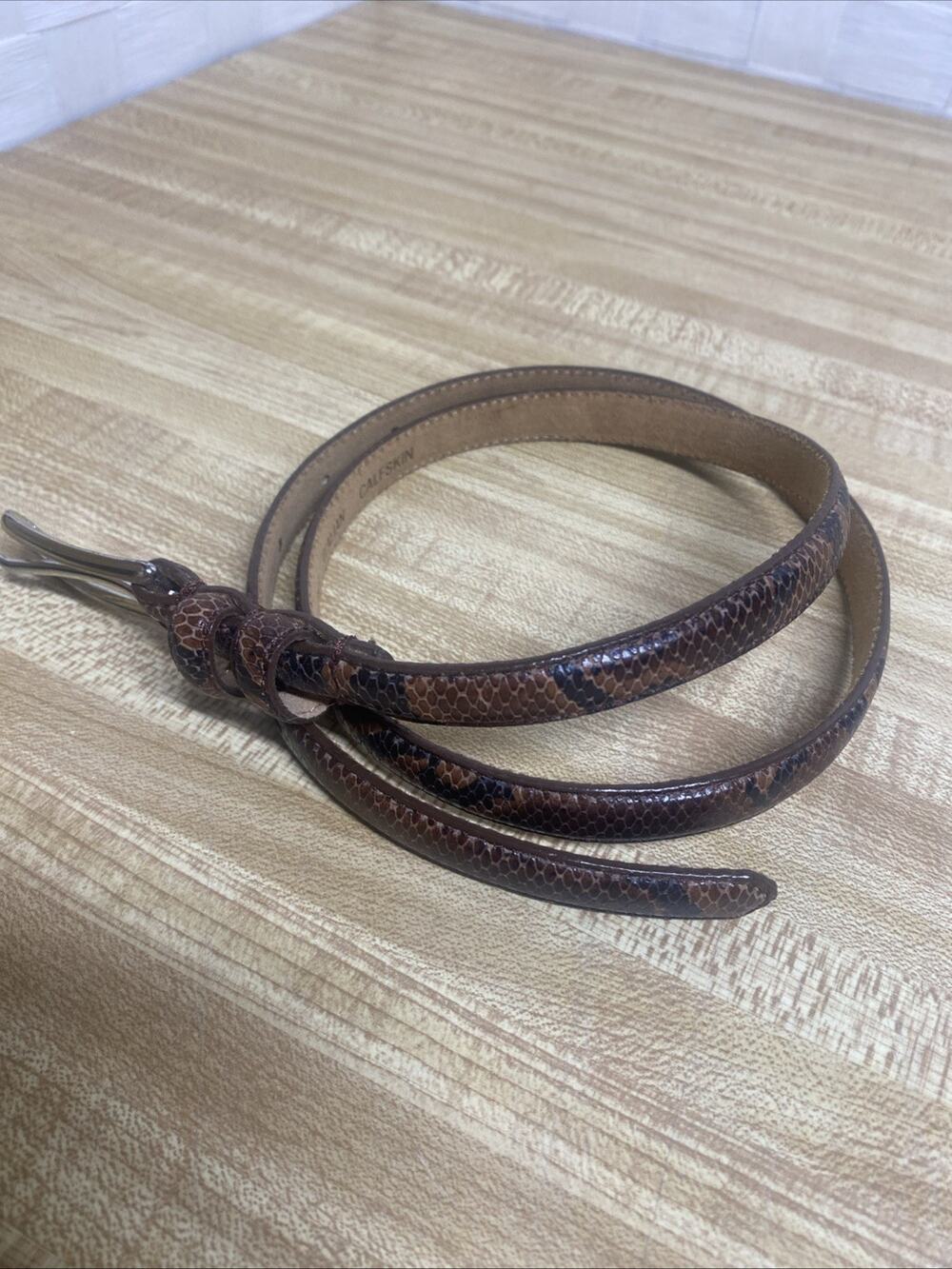 Kenneth Cole Italian Calfskin Leather Skinny Belt Faux Snakeskin Large 1/2β Wide